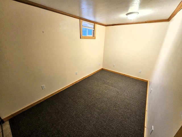 basement featuring carpet and ornamental molding