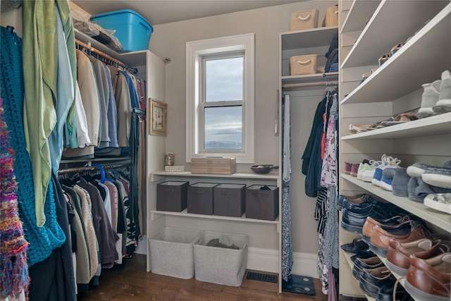 spacious closet with dark wood-type flooring