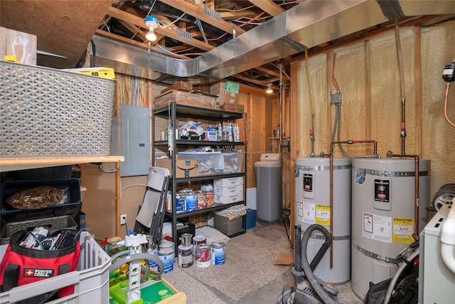 basement with strapped water heater and electric panel