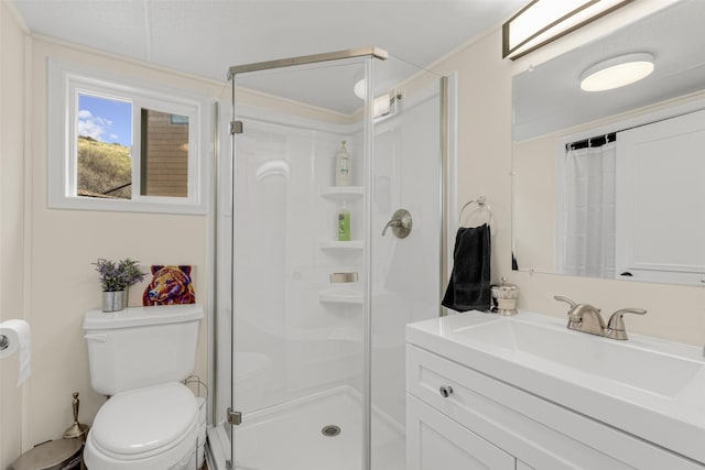 bathroom with vanity, toilet, and walk in shower