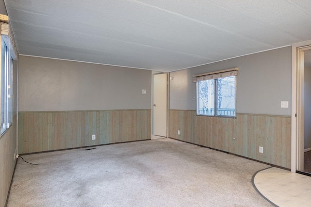 spare room featuring a textured ceiling, light carpet, and wooden walls