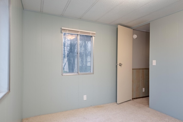 carpeted spare room featuring wood walls