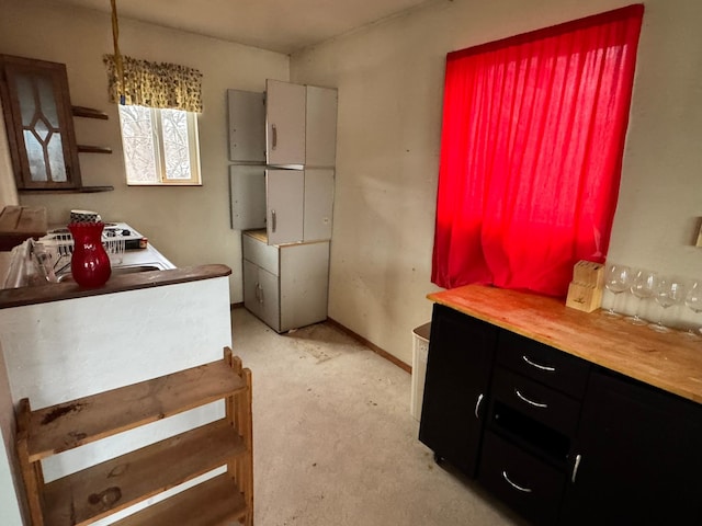 kitchen featuring light carpet