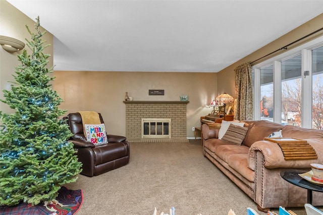 carpeted living room featuring a brick fireplace