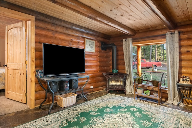 living area with wood ceiling, beam ceiling, a wood stove, and log walls