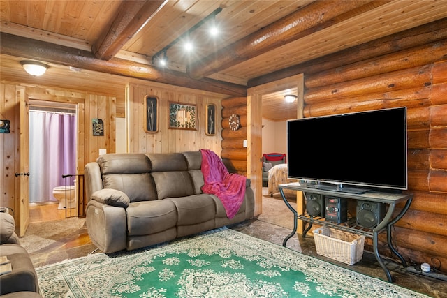 living room with beam ceiling, wood-type flooring, wood ceiling, and rustic walls