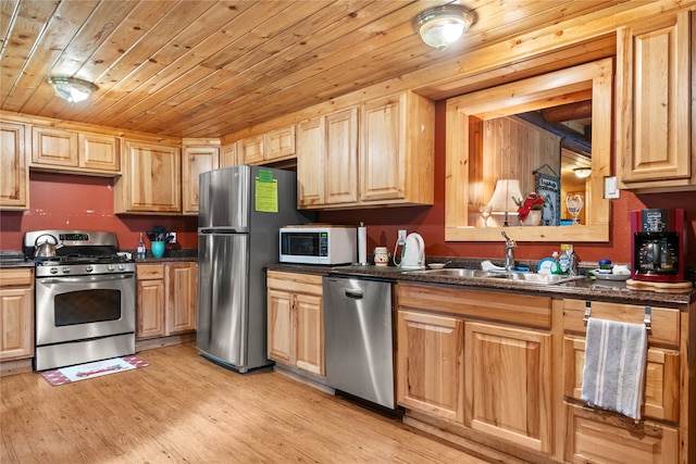 kitchen featuring light hardwood / wood-style floors, wooden ceiling, sink, and appliances with stainless steel finishes