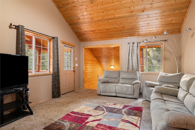 carpeted living room with wooden walls, wooden ceiling, high vaulted ceiling, and a healthy amount of sunlight