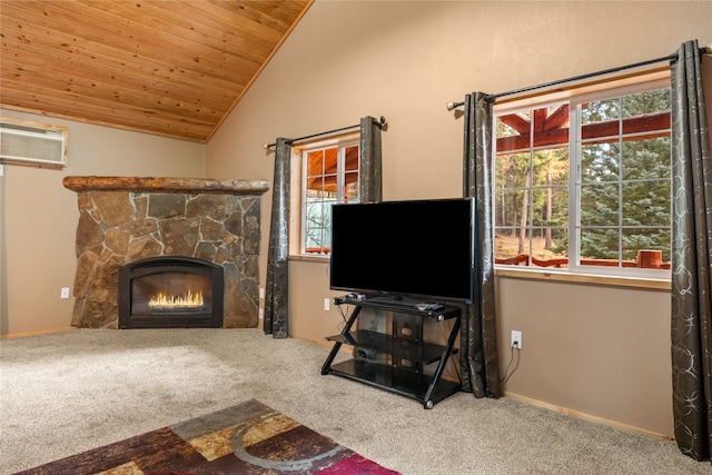 carpeted living room with a stone fireplace, a wall mounted AC, wooden ceiling, and vaulted ceiling