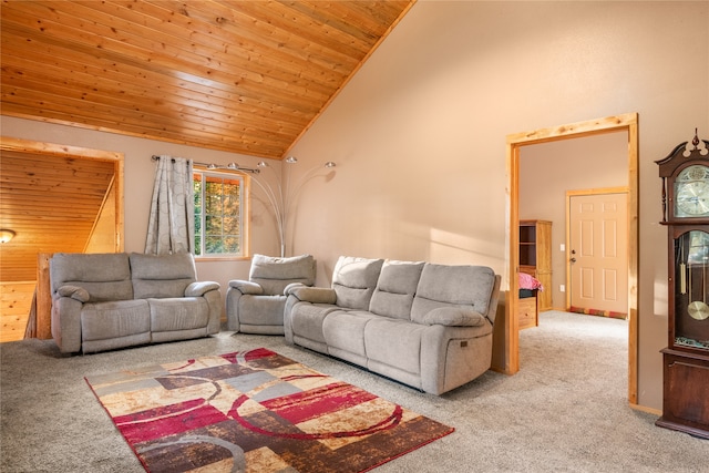 carpeted living room featuring high vaulted ceiling and wooden ceiling