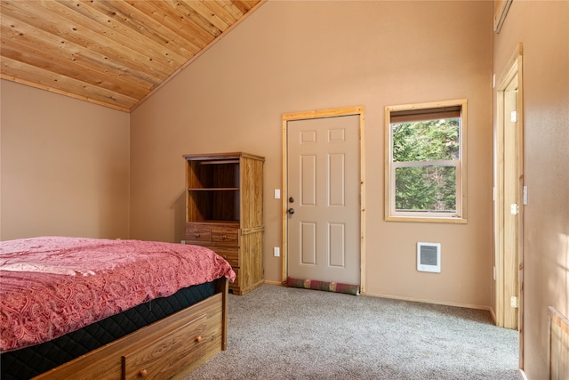 carpeted bedroom featuring heating unit, high vaulted ceiling, and wood ceiling