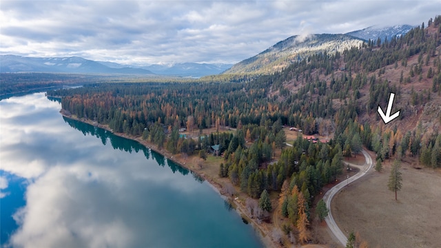 birds eye view of property featuring a water and mountain view