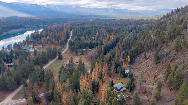 bird's eye view with a water and mountain view