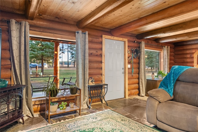 sitting room with log walls, beam ceiling, a wood stove, and wooden ceiling