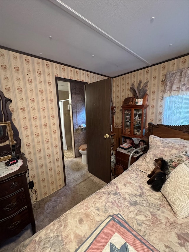 bedroom featuring carpet flooring and connected bathroom