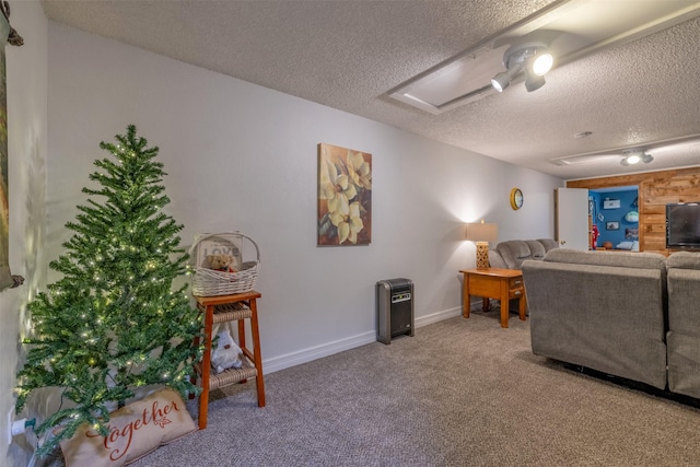 carpeted living room featuring a textured ceiling