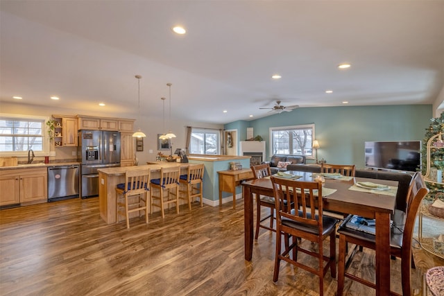 dining room with dark wood-type flooring, ceiling fan, lofted ceiling, and sink