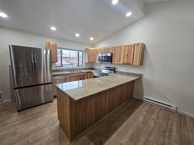 kitchen with lofted ceiling, a baseboard heating unit, sink, kitchen peninsula, and stainless steel appliances