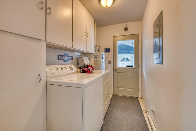 clothes washing area with washer and clothes dryer, cabinets, carpet floors, and water heater