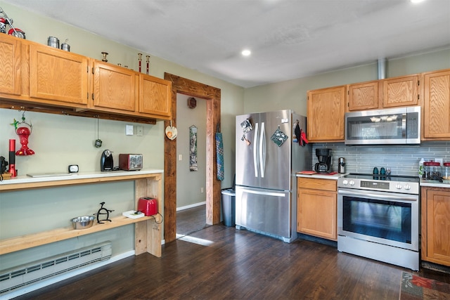 kitchen with dark hardwood / wood-style flooring, stainless steel appliances, tasteful backsplash, and a baseboard heating unit