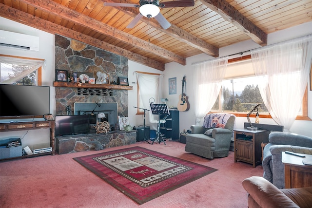 living room featuring beam ceiling, ceiling fan, a wall mounted air conditioner, carpet, and wood ceiling