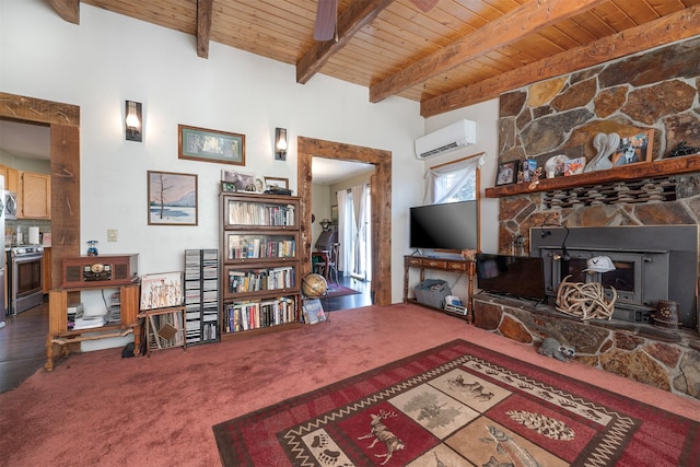 carpeted living room featuring a wood stove, beamed ceiling, wooden ceiling, and a wall mounted air conditioner