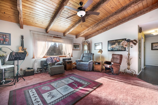 carpeted living room with vaulted ceiling with beams, ceiling fan, and wooden ceiling