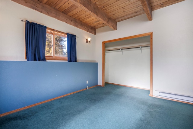 unfurnished bedroom featuring carpet flooring, wood ceiling, beamed ceiling, and baseboard heating