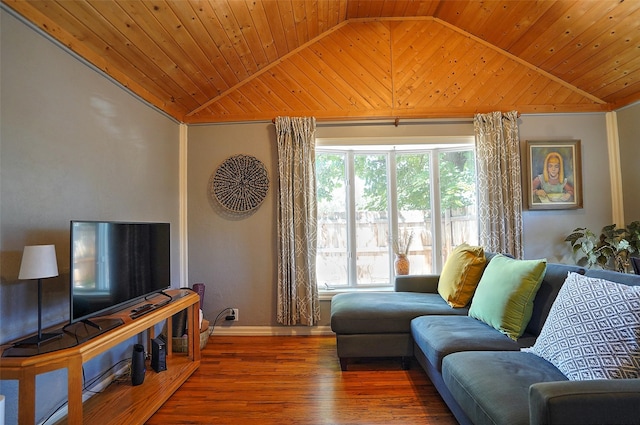 living room with dark hardwood / wood-style floors, a wealth of natural light, and wood ceiling