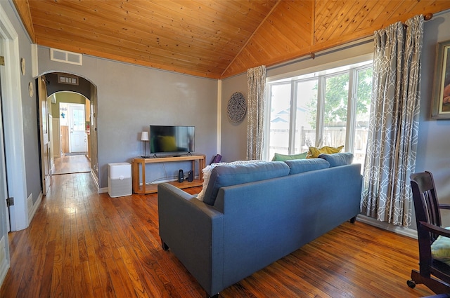 living room with wood ceiling, dark wood-type flooring, and vaulted ceiling