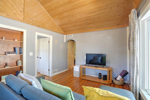 living room featuring built in shelves, hardwood / wood-style flooring, vaulted ceiling, and wooden ceiling