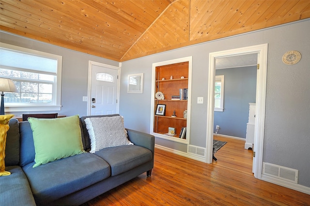 living room with lofted ceiling, wood-type flooring, built in features, and wood ceiling