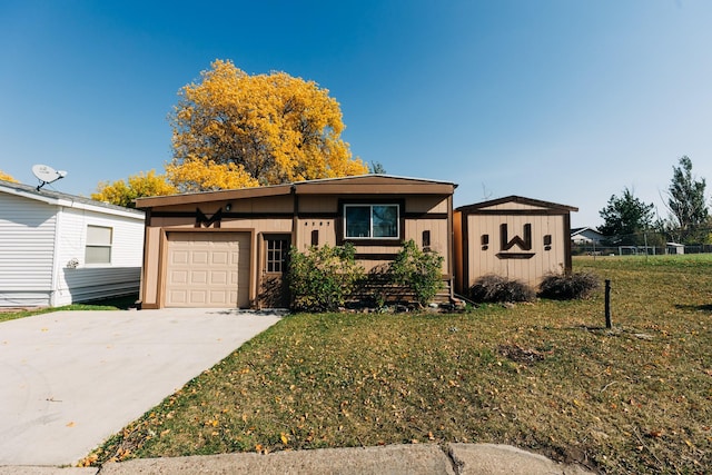 ranch-style house with a front lawn, a garage, and a storage unit