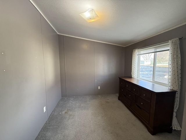 empty room featuring a textured ceiling, crown molding, and light colored carpet