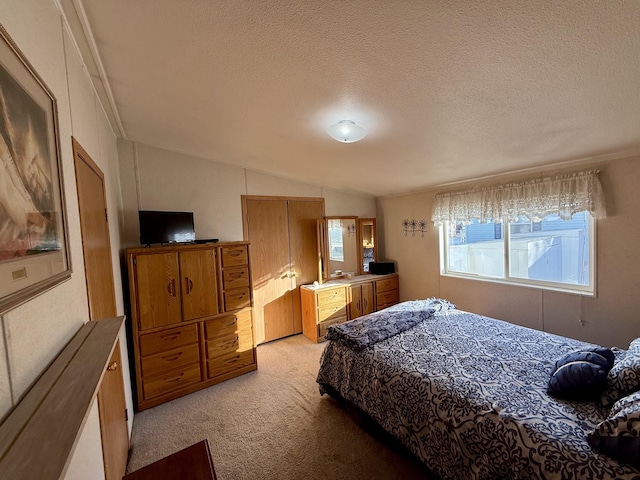 bedroom with vaulted ceiling, a textured ceiling, and light colored carpet