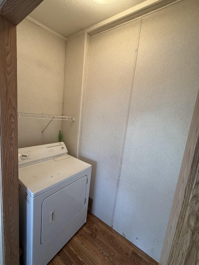 clothes washing area featuring wood finished floors, washer / clothes dryer, and laundry area