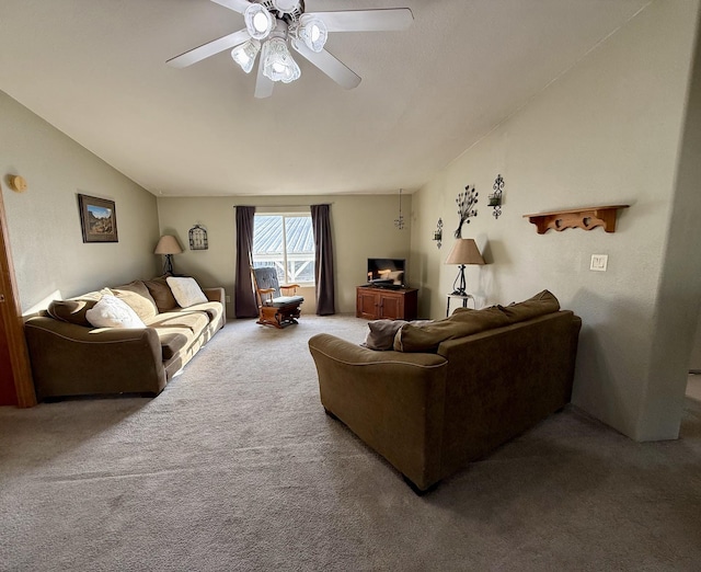 carpeted living room with lofted ceiling and ceiling fan