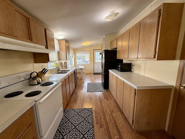 kitchen featuring sink, light hardwood / wood-style flooring, vaulted ceiling, a textured ceiling, and white range with electric stovetop