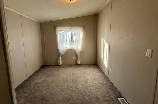 unfurnished room featuring carpet flooring, lofted ceiling, and a textured ceiling