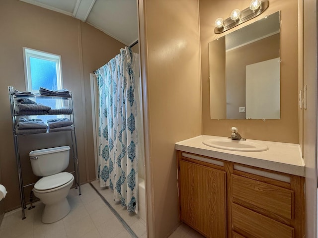 full bathroom with tile patterned flooring, shower / bath combo, toilet, and vanity