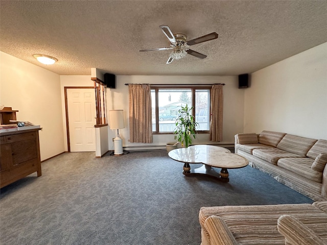 carpeted living room with ceiling fan, baseboard heating, and a textured ceiling