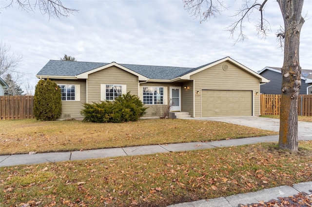 single story home with a garage and a front yard