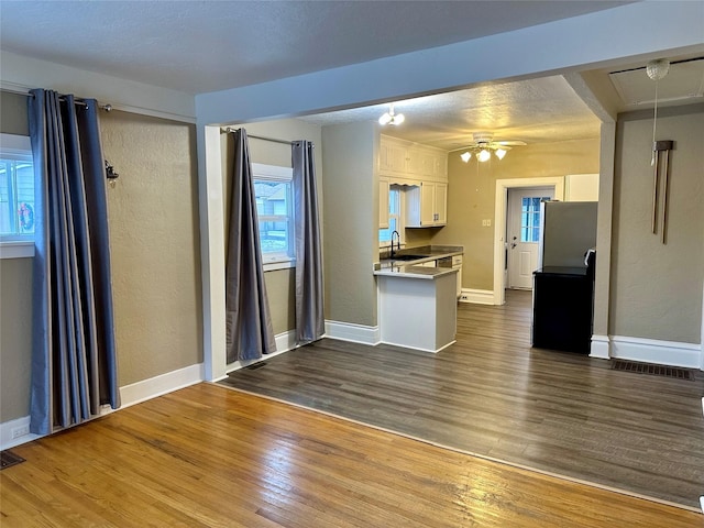 unfurnished living room featuring hardwood / wood-style floors, ceiling fan, plenty of natural light, and sink