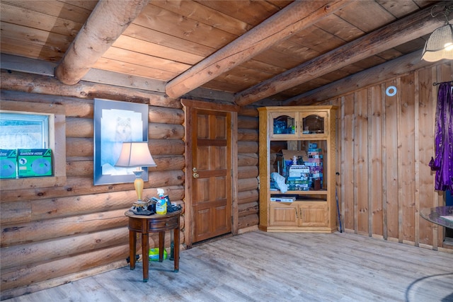 interior space with beamed ceiling, light wood-type flooring, and wood ceiling