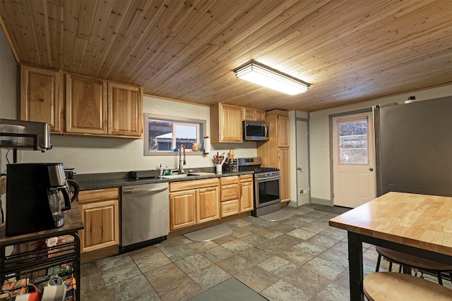 kitchen featuring appliances with stainless steel finishes, wood ceiling, and sink