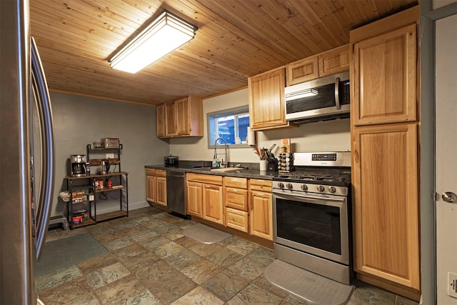 kitchen with appliances with stainless steel finishes, wood ceiling, and sink