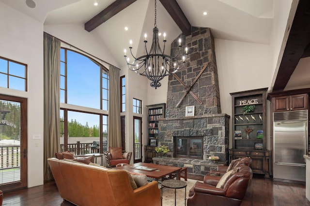 living room featuring beam ceiling, dark hardwood / wood-style floors, and high vaulted ceiling