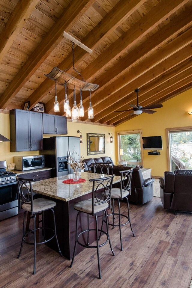 1226 Echo Lake Rd, Bigfork, MT 59911 - kitchen with stainless steel appliances, a kitchen bar, open floor plan, wooden ceiling, and plenty of natural light