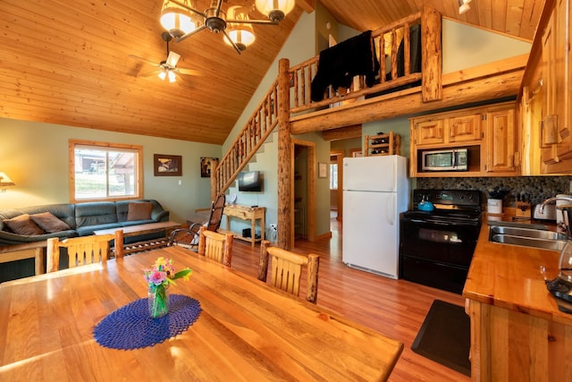 dining space with high vaulted ceiling, sink, light hardwood / wood-style flooring, ceiling fan, and wood ceiling