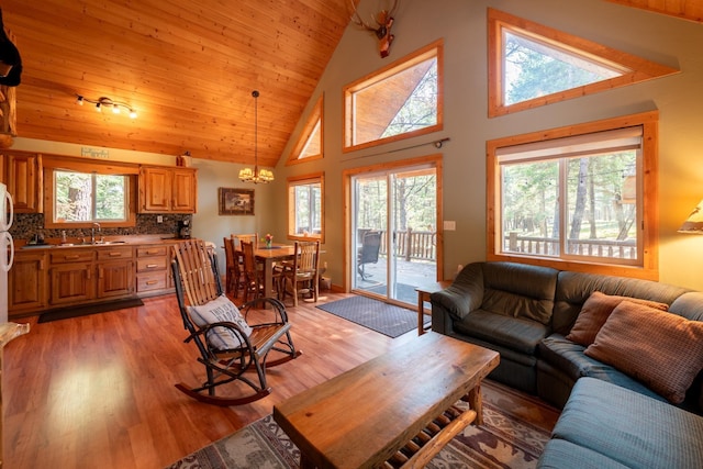 living room featuring high vaulted ceiling, sink, light wood-type flooring, wood ceiling, and a chandelier